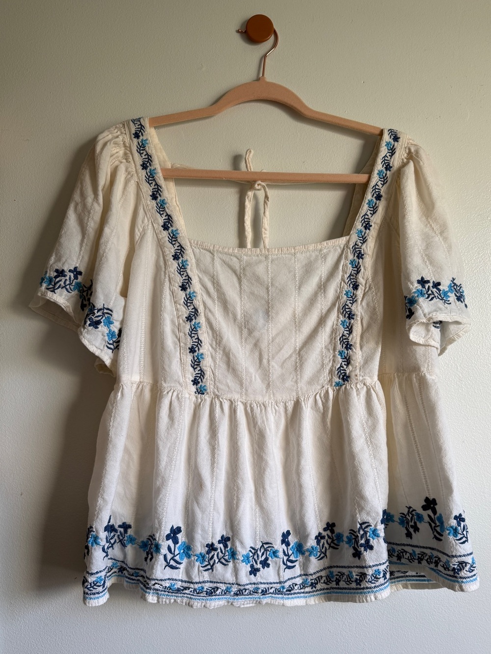 Old Navy Cream Peasant Blouse with Blue Embroidery